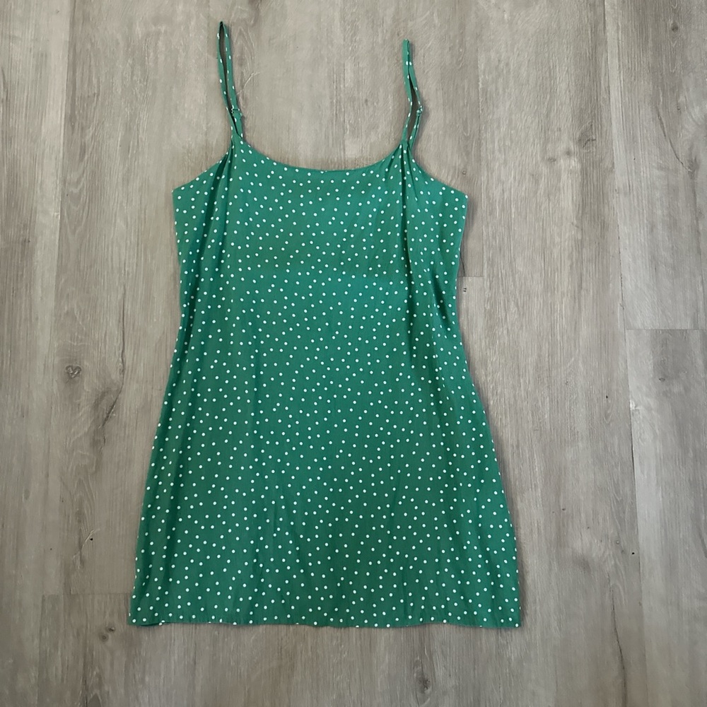 reformation tank green and white polka dot mini dress
